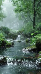 Fototapeta premium Gentle rain in spring, grey sky, vibrant greens