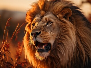 Fototapeta premium Majestic lion roaring in the sunset