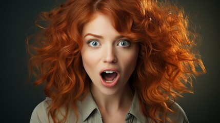 Fototapeta premium Surprised redhead woman with curly hair