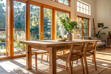 Obraz premium Elegant timber dining table set in a rustic home interior. AI generated.