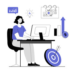 Business planning. Woman write a project tasks or schedule, creates strategy and invests. Vector illustration with line people for web design.