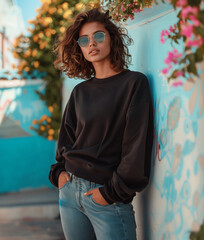 Streetwear Suburban city scene biracial woman black crewneck sweater mockup, aqua background with Bougainvillea