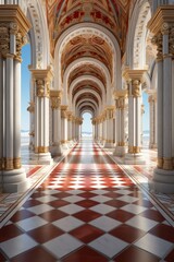 Fototapeta premium Ornate Architectural Hallway with Checkered Floor
