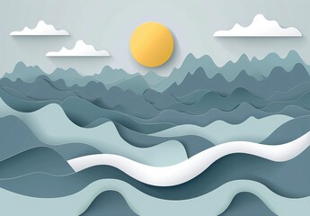 Stylized paper art design of a seascape with layered blue waves and a sun against a light sky