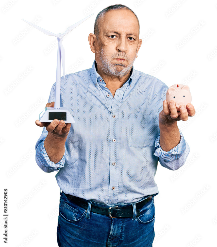 Poster senior man with grey hair and beard holding wind turbine and piggy bank puffing cheeks with funny fa