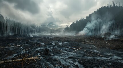 A desolate landscape with smoke and fire in the background. The sky is cloudy and the trees are charred
