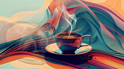 Contemporary abstract design with fluid lines and bold colors highlighting a steaming cup of coffee