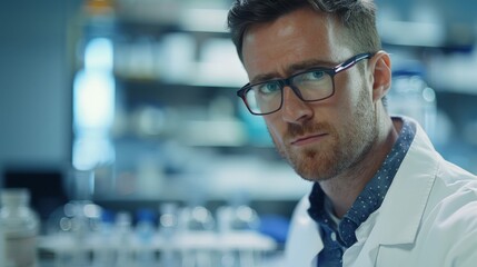 Portrait of a male researcher carrying out scientific research in a lab - obrazy, fototapety, plakaty