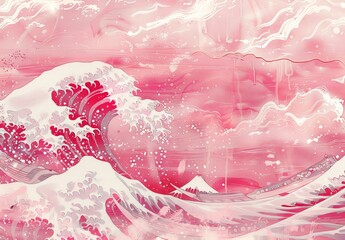 A digital artistic interpretation of a tidal wave in shades of pink and white, incorporating contemporary graphic elements