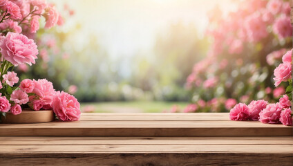 Empty wooden table for product display with pink flower garden background