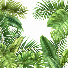 A drawing of a tropical forest with green leaves and a white background