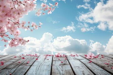 Top of wood table with pink cherry blossom flower on sky background - Empty ready for your product display or montage - generative ai