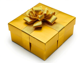 A gold gift box with a bow on top.