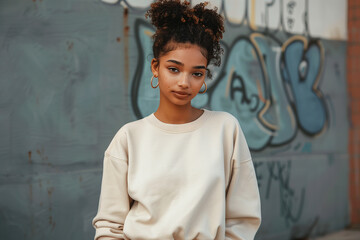 Streetwear urban city scene, skate park, biracial woman off-white cream crewneck sweater mockup