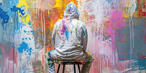 a painter wearing colour splashed hoodie, sitting on a tool, his face infront abstract painted wall