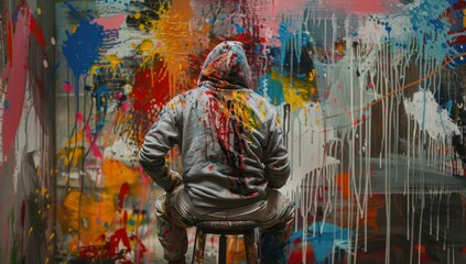 a painter wearing colour splashed hoodie, sitting on a tool, his face infront abstract painted wall