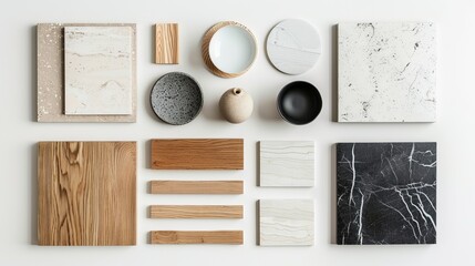Top view composition displaying interior finishing materials like white and beige grained quartz stone, ash wood veneer, and black cosmos quartzite stone samples against a white background.