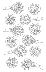 vector set of drawn pizzas with different toppings with the image of a hand holding a piece of pizza