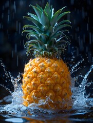 Ripe Pineapple Standing Tall Amidst a Splash of Water Drops. AI.