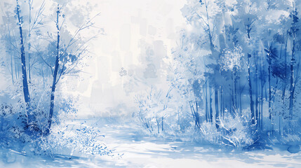water and ice, forest in winter, Chinese painting style, Watercolor painting style