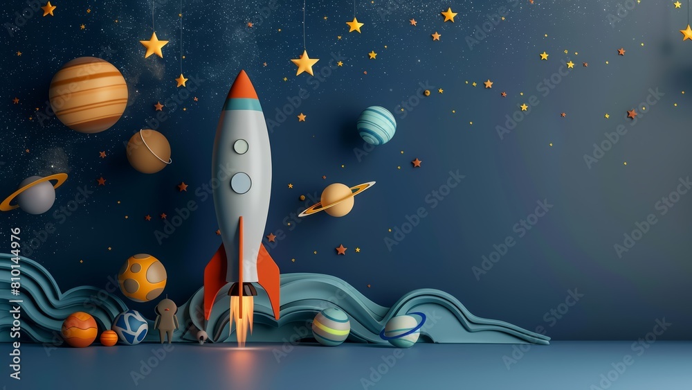 Wall mural 3d model of a launching space rocket on a decorative background of a space sky with stars and planet