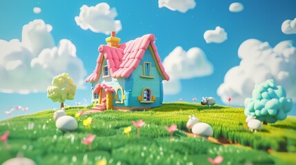 Whimsical cartoon house in dreamy landscape