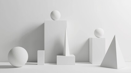 set of marble stone figures modeled in 3d on a blank white minimalistic background