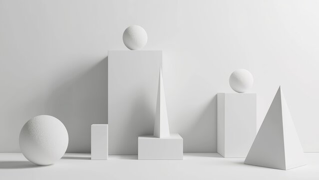 set of marble stone figures modeled in 3d on a blank white minimalistic background