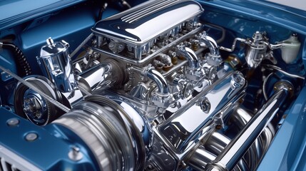 Fototapeta premium Close-up of a shiny metallic blue car engine on a crisp white background