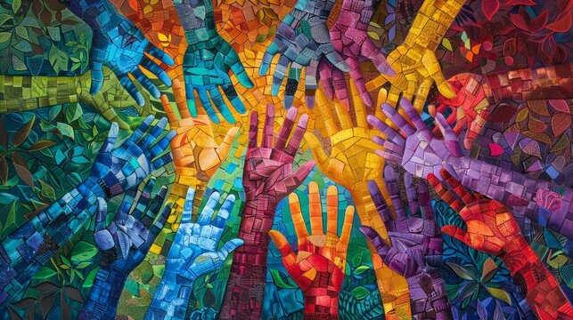 A painting of many hands in a circle, with each hand having a different color. The painting conveys a sense of unity and togetherness, as the hands are all connected and interlocked