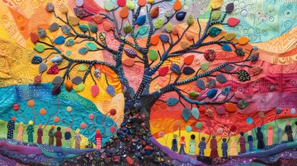 A colorful tree with many leaves and people hanging from it. The people are of different colors and sizes, and they are all gathered around the tree. Concept of community and togetherness