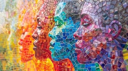 A mosaic of three faces with different colors and patterns. The faces are arranged in a row, with the middle one being the most prominent