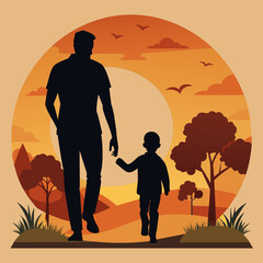 Vector illustration of father and son walking 