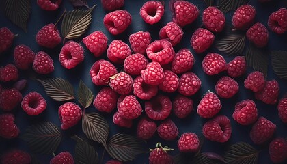 bright raspberries on a dark background, top view