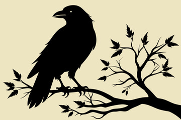 Crow setting on a branch  vector silhouette 