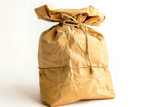 A brown paper bag with a rope tied around it.