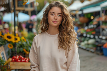 Young woman, wearing a tan sand crewneck sweatshirt at outdoor market, blurred background,  light curly hair with freckles 