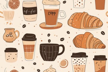 Coffee and croissants seamless pattern