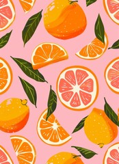 Vibrant citrus fruit pattern on pink background