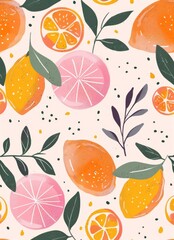 Vibrant illustrated pattern of citrus fruits with leaves and speckles on a light background