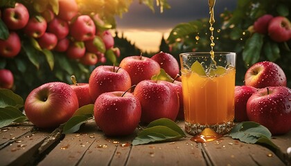 a glass of freshly squeezed apple juice on a wooden table.

