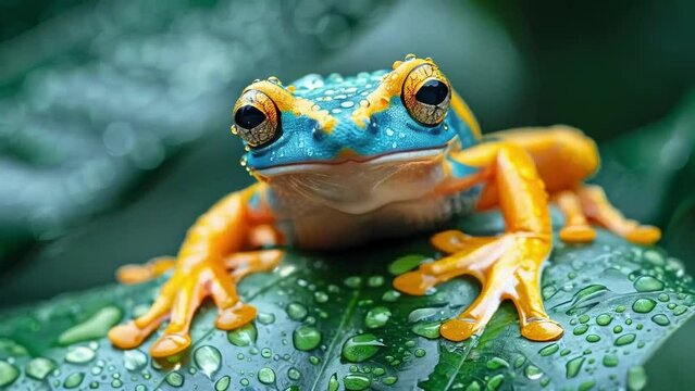 Vivid Tree Frog on Rain-Speckled Leaf