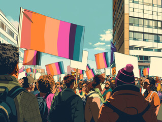 Social justice rally in a city square, a diverse crowd holding banners advocating for equal rights and systemic change under a clear skyHighly detailed