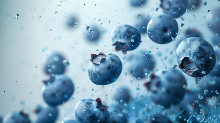 Whimsical Image of Blueberries Bouncing with Water Droplets