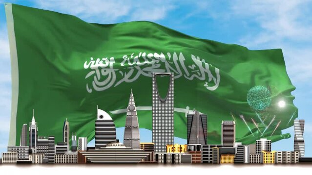 An animation of a Saudi Arabian waving flag as a background of the city of Riyadh illustration 