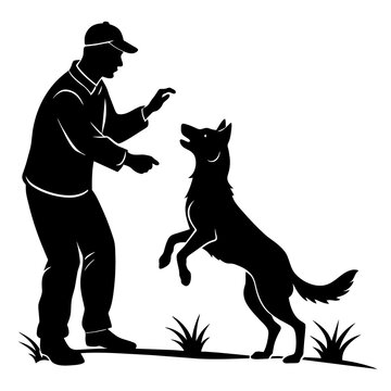 A dog trainer instructing a dog on a field vector silhouette