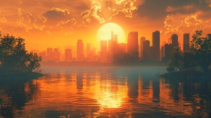 Fototapeta premium A city skyline is reflected in the water, with the sun setting in the background. The scene is serene and peaceful, with the orange and pink hues of the sunset creating a warm and calming atmosphere