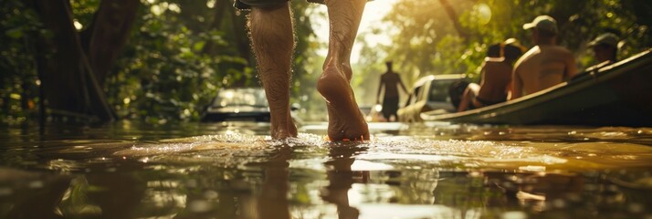 A closeup of the feet and legs of a man walking barefoot on shallow water on the road with the car