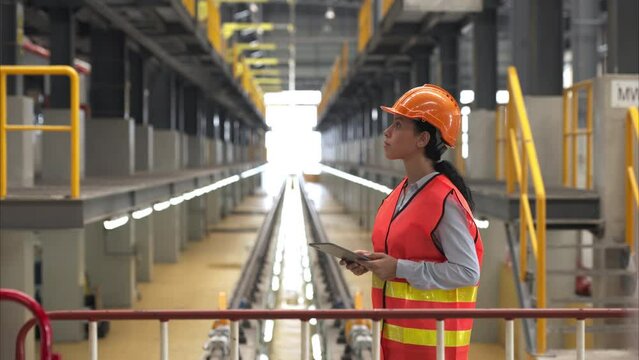 Portrait of a young female engineer standing in the skytrain repair station.