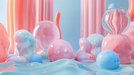 A colorful scene of many different colored balls and spheres. The colors are pink, blue, and purple. The scene is abstract and has a playful, whimsical feel to it